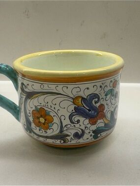 Hand-Painted  Deruta Ceramic Mug with Yellow Rim and Floral Motif